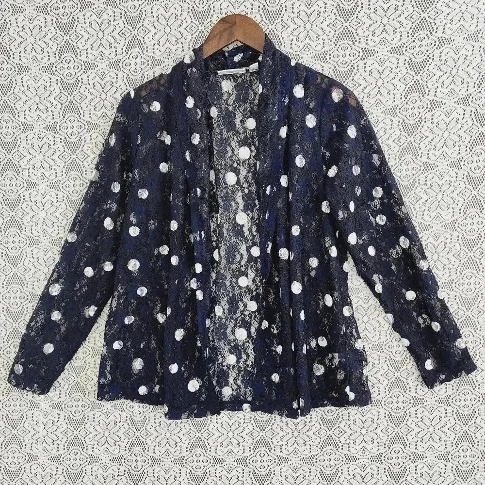 Susan Graver polka dot lace open front cardigan S